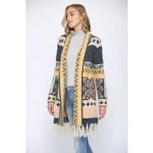 NEW Aztec Print Fringe Cardigan- Dark Blue Combo